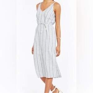 Ann Taylor Blue & White Stripe V-Neck Linen Cotton Blend Coastal Midi Dress 6